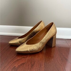Sezane Alice Gold Textured Block Heel Pumps